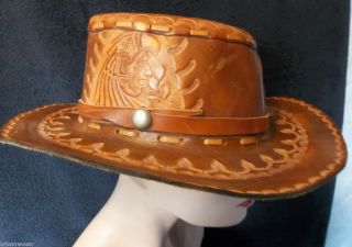 Incredible Leather COWBOY HAT Vintage Indian Stamped Western Hat Size