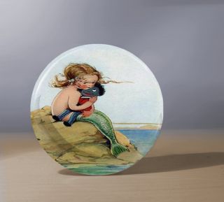 Vintage Little Girl Mermaid Hand Pocket Mirror