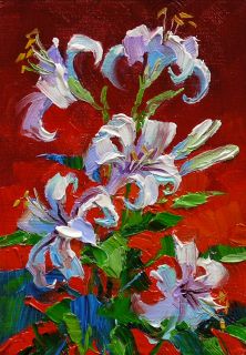 Mikki Senkarik Original Oil Painting ACEO White Lilies Pen and Ink