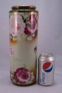 Scarce 12 Tall Antique Nippon Cylinder Vase w/Plush Pink Roses Maple