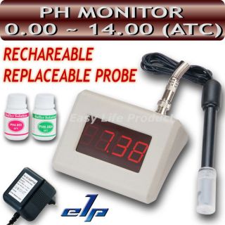Digital pH Monitor Tester Rechargeable Battery Meter AC Power Adapter
