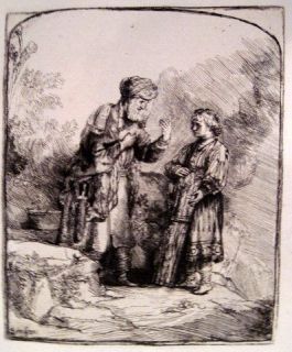 Rembrandt Abraham parlant a Isaac Etching