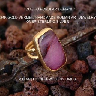 HANDMADE UNIQUE LARGE AGATE DESIGNER RING 24K YELLOW GOLD OVER