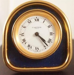 CARTIER DESK TRAVEL ALARM CLOCK WITH LAPIS LOOKING HIGHLIGHTS IN GOLD