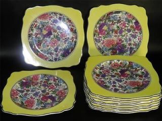 ANTIQUE CROWN DUCAL CHINTZ SET OF 12 SQUARE PLATES EXOTIC BIRDS YELLOW