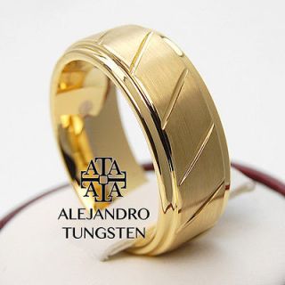 Alejandro Tungsten Carbide Ring 8MM 18K Gold Brushed Beveled Edge Band