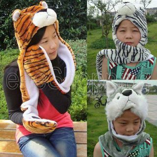 Ladies Soft Long Plush Wild Animal Hats Scarf All in One Gloves Hood