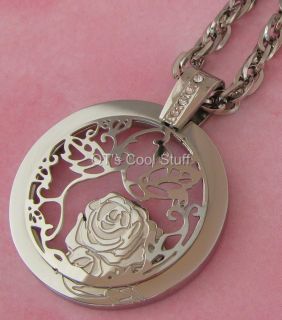 ROSE FLOWER CIRCLE OF LIFE STAINLESS STEEL PENDANT CHAIN NECKLACE