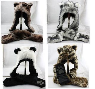 Winter Hood Animal Faux Fur Hat Scarf With Mittens Gloves Pocket Paw