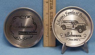 Lot of 2 Schwans Pewter Coasters 1 w/ Stand Family Business 1996 Olde