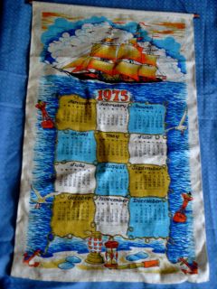 1975 Sailing Ship Orange Blue Yellow Linen Calendar Tea DishTowel