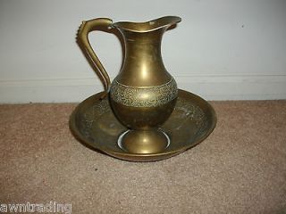 Vintage Antique Brass Bowl & Pitcher Wash Water SET*Patina*Etched*GOOD