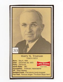 1992 LITTLE DEBBIE SNACK CAKES PRESIDENTS #33 HARRY S. TRUMAN