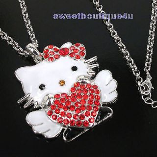 Beautiful Angel hellokitty crystal Red Heart Red Bow pendant necklace