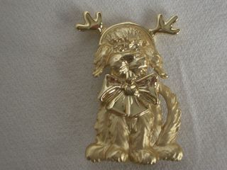 Vintage, AJC, Gilt Metal Christmas Dog Pin