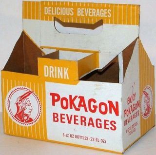Old soda pop bottle carton POKAGON BEVERAGES 12oz picturing an indian