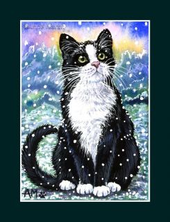 LTD EDITION PRINT PAINTING CHRISTMAS TUXEDO CAT FIRST SNOW ANNE MARSH