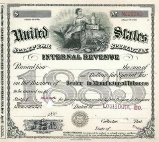 Antique 1885 TOBACCO PIPES CIGARS SCOTCH Tax AMERICANA Stamp Bar