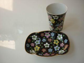 Vintage Set Soap Dish/ Toothbrush Cup   Ceramic Hand Painted