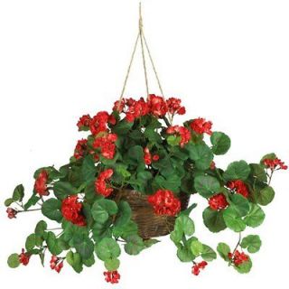 NATURAL 24 Red Geranium Hanging Basket   Silk Flower Arrangement