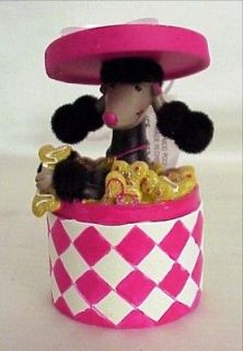 Black French Poodle in Pink & White Round Box w/ Dog Bones Ornament