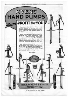 1936 ADVERTISEMENT WELL WATER HAND PUMPS, MYERS & BRO. ASHLAND, OHIO