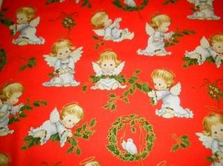 SALE Elizabeth Studio Fabric Christmas Cherubs Holly Red Gold