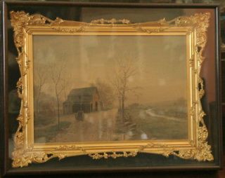 antique large European watercolor painting in gilt shadow box frame