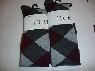 HUE Lot of 2 Argyle Knee High Socks Grey One Size NIP