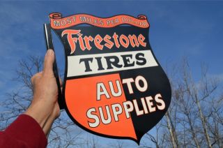 OLD STYLE FIRESTONE TIRES AUTO PARTS SHIELD DICUT FLANGE SIGN MADE IN