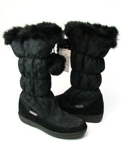 COACH Theona Blk Suede/Sig C Jacquard Fabric Fur Cuffed Winter Boots