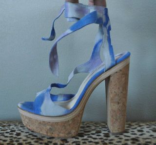 Brian Atwood Tie Dye Blue Ankle Cork Wedges Heels Shoes NIB Sz 39 US 9