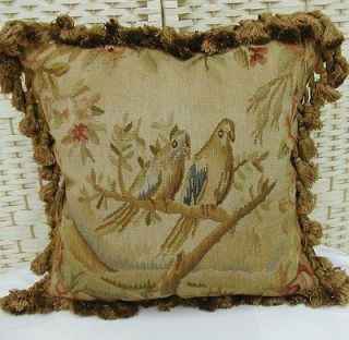 Antique Repro Wool French Aubusson Birds Parrots Decorative Pillow