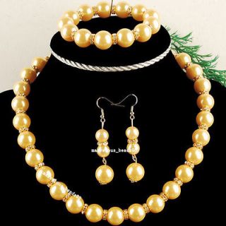 Pearl Ball Beads Yellow Space Necklace Bracelet Earrings Set G4392