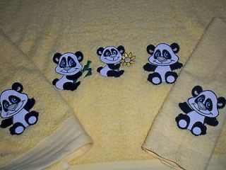 New 3pc yellow towel set with embroidered panda bears