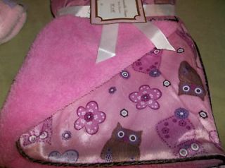Owls Velour & Sherpa 2 Ply Baby Blanket Soft Pink Purple Brown Bright