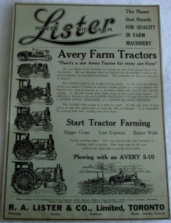 1917 R.A. LISTER AVERY FARM TRACTOR TORONTO ONT CANADA AD