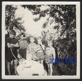 HANDSOME LITTLE BOYS IN LEATHER SHORTS W/ BABY PRAM STROLLER 1950s