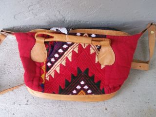 Guatemalan Shoulder Bag Handwoven Cloth Purse with Leather Accents