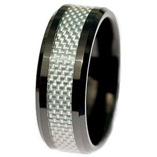 Black Ceramic Wedding Ring Silver Carbon Fiber Band 8mm Size 4   13
