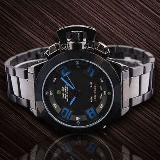 Mens 2 quartz Sport Wristwatch Black Frame Blue No. LED Digital Date