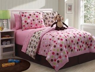 6pc Twin/8pc Full Pink Monkey Bed in a Bag, w/ Free Stuffed Monkey