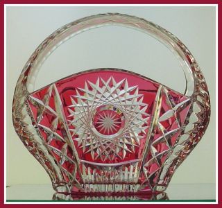 Huge CRANBERRY RED PINK Basket Bowl Candy Dish CUT CLEAR CRYSTAL