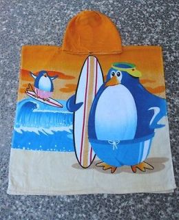 HOODED PENGUIN SURF DUDE TOWEL CHILDRENS KIDS BEACH POOL TOWEL/PONCHO