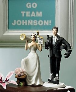 Hockey Groom and Fan Cheering Bride Wedding Cake Topper