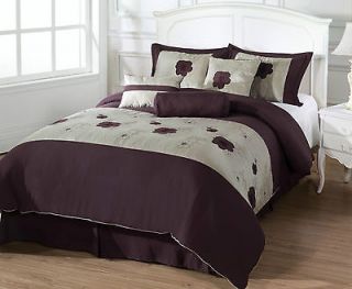Comforter Set 7pc Applique Embroidery Purple Flower & Beige Full Size
