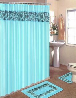 Floral Embroidered 15 Pcs Bathroom Shower Curtain Hooks Bath Rug Set