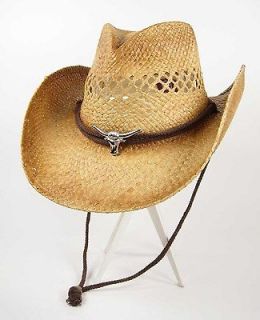 COWBOY Western Shapeable STRAW LONGHORNS BULL Raffia Hat Natural