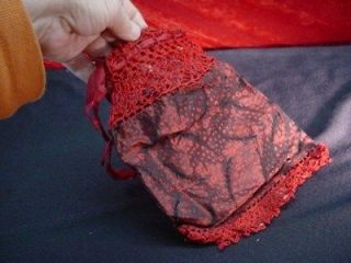 Antique Crocheted Scarlet Red Satin Cloth Bag Purse in Steamer Trunk