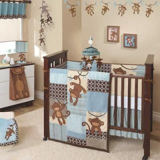 Unique Blue and Brown Suede Monkeys Baby Boy Nursery 6pc Crib Bedding